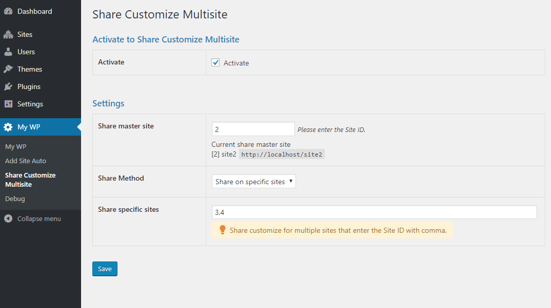 Add-ons Share Customize Multisite Setting Screen