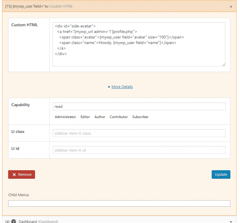 Custom html sidebar menu item | My WP Customize